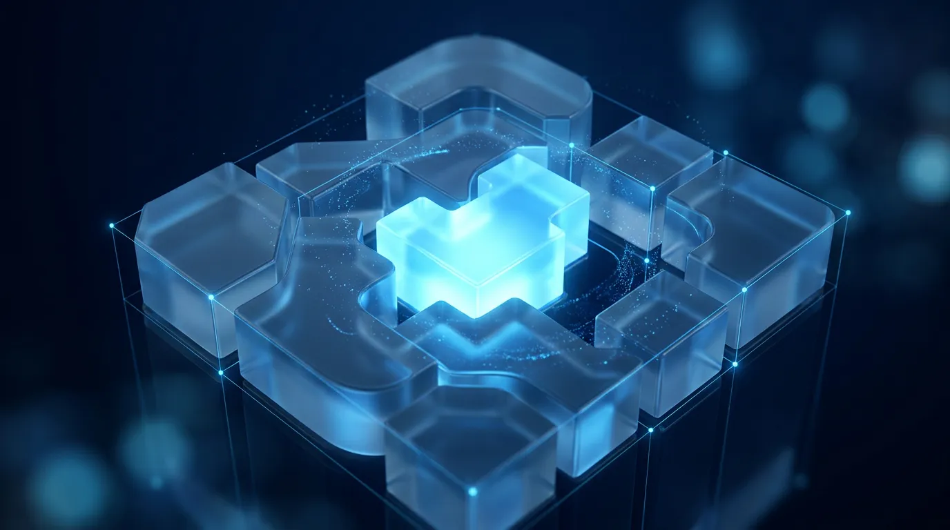 Frosted-glass blocks of different shapes fitting together into one shape, with the centre block glowing blue